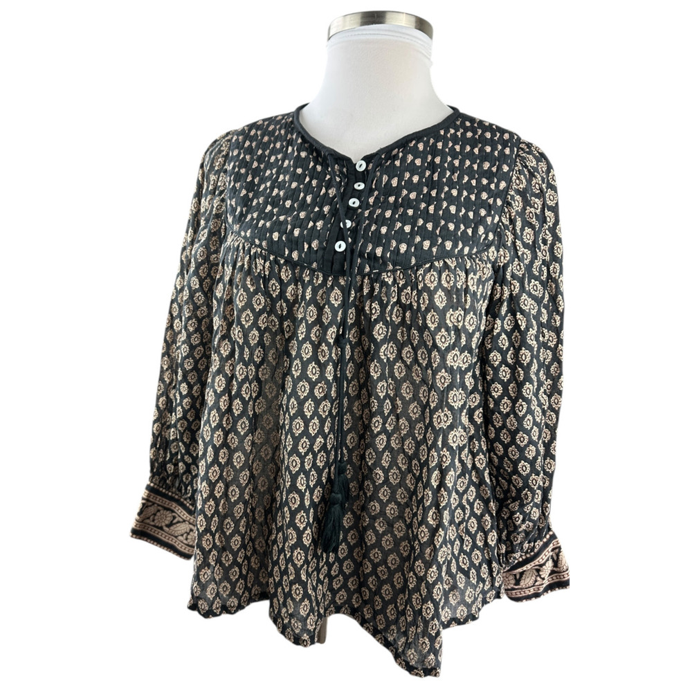 Cleobella Winter Blouse Black Brown Top Pintuck Small Peasant Boho Anthropologie - Picture 15 of 16